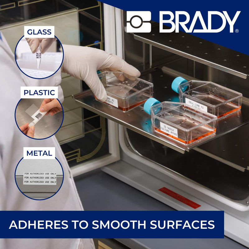 Brady Authentic (M5-117-492) FreezerBondz™ Ultra-Thin Cryogenic Polyester LBL 0.5 x 0.9 x 0.44Dia Black on White, 240 Labels. for use with the BMP51 and M511 Label Printers 22,86 mm (W) x 12,70 mm (H) x 11,18 mm (Dia)