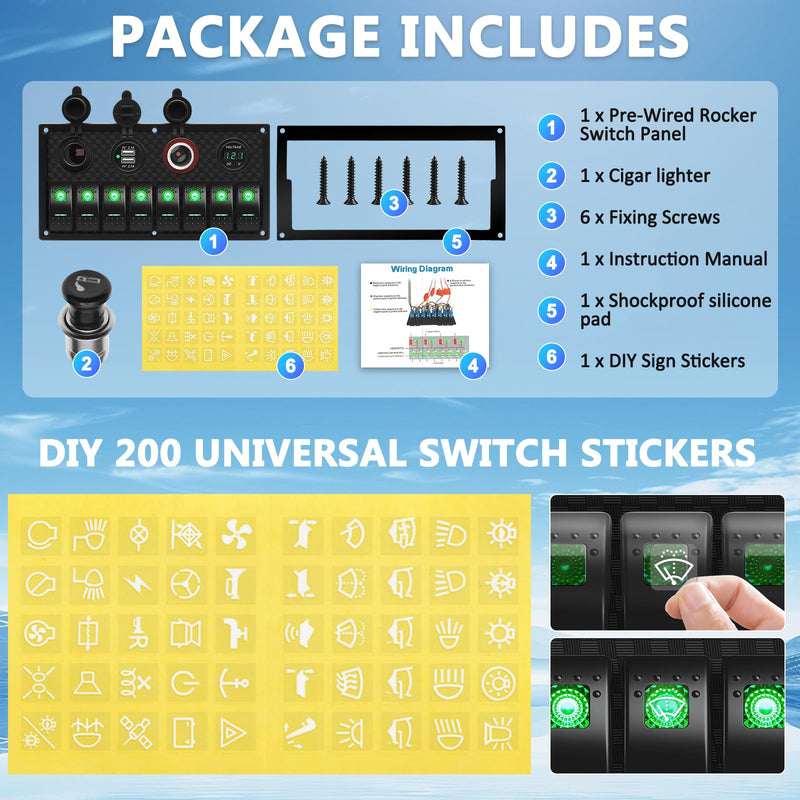 Geloo 8 Gang Marine Rocker Switch Panel, Boat Switch Panel Waterproof, 12V Switch Panel Toggle Switches Panel with LED Circuit Breaker 3.1A USB Charger Voltmeter ON/Off for Car Rvs Vehicles (Green Green