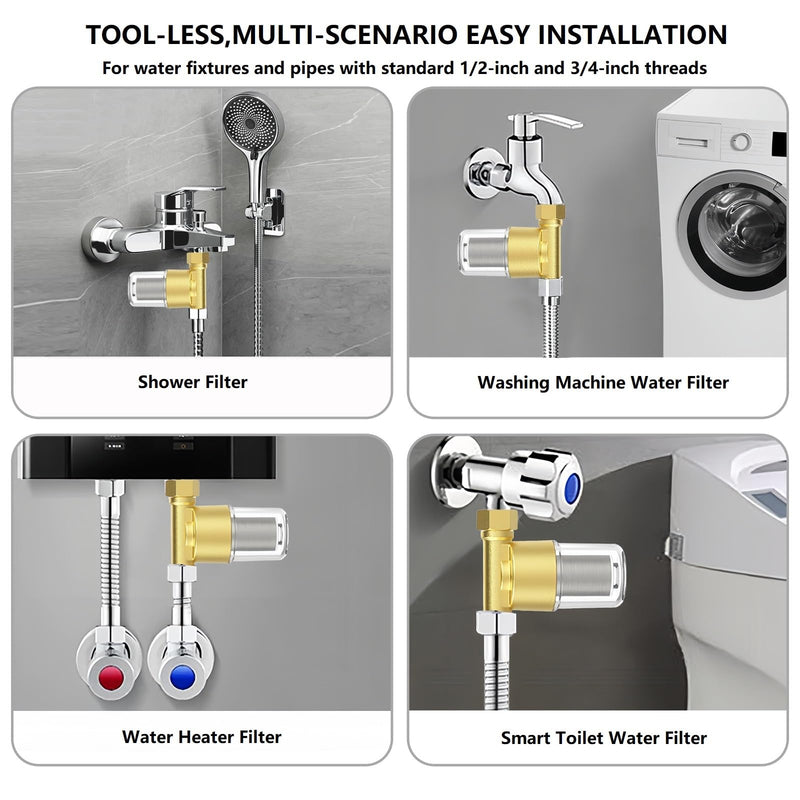 DR02 Reusable Brass Sediment Filter, 40 Micron Washer Water Filter, For Washing Machine, Heater, Faucet, RV, Protecting Appliances, Reduces Clothes Yellowing, Anti Scale Shower Filter