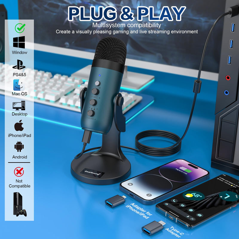[Australia - AusPower] - ZealSound USB Condenser Microphone,Computer PC Gaming Mic,Plug&Play Microphones for PS 4&5.Monitor Adjust&Volume Control,Mic Gain Control,Mute Button for TikTok,YouTube Podcast on Mac&Windows(Teal) Teal 