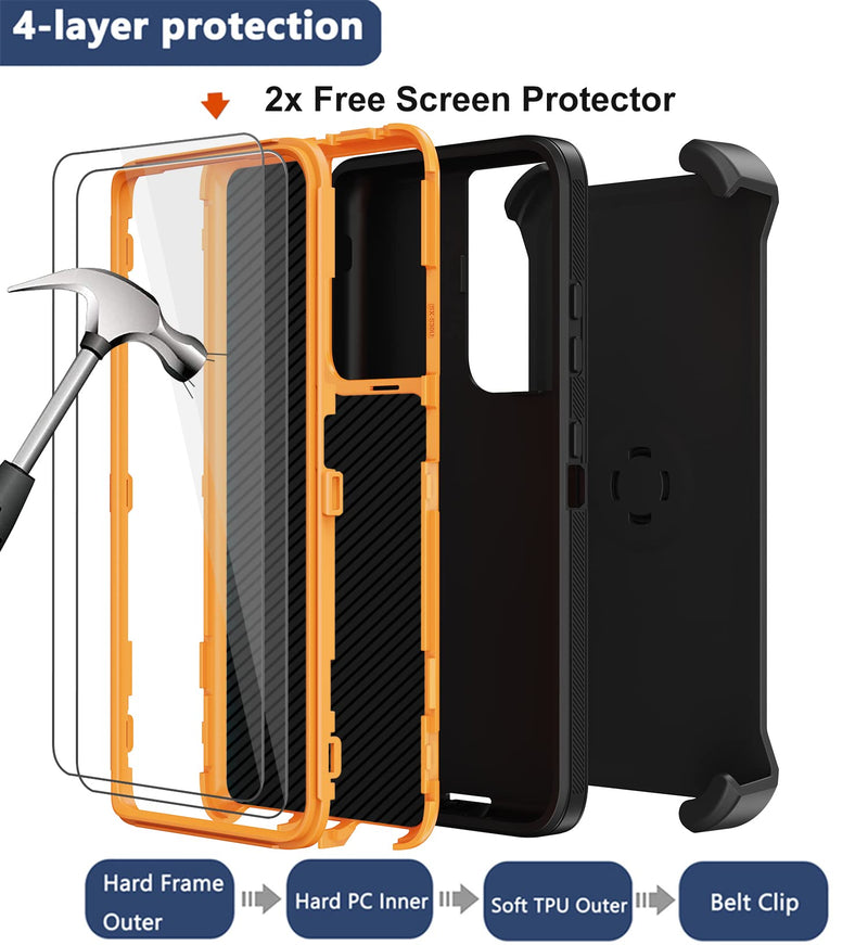 [Australia - AusPower] - for Samsung Galaxy S21 Ultra Case with Belt Clip Holster, 2X Screen Protector, Heavy Duty Full Body Shockproof Drop-Proof Rugged Protective Cover for Samsung Galaxy S21 Ultra 5G 6.8 inch (Orange) Orange 