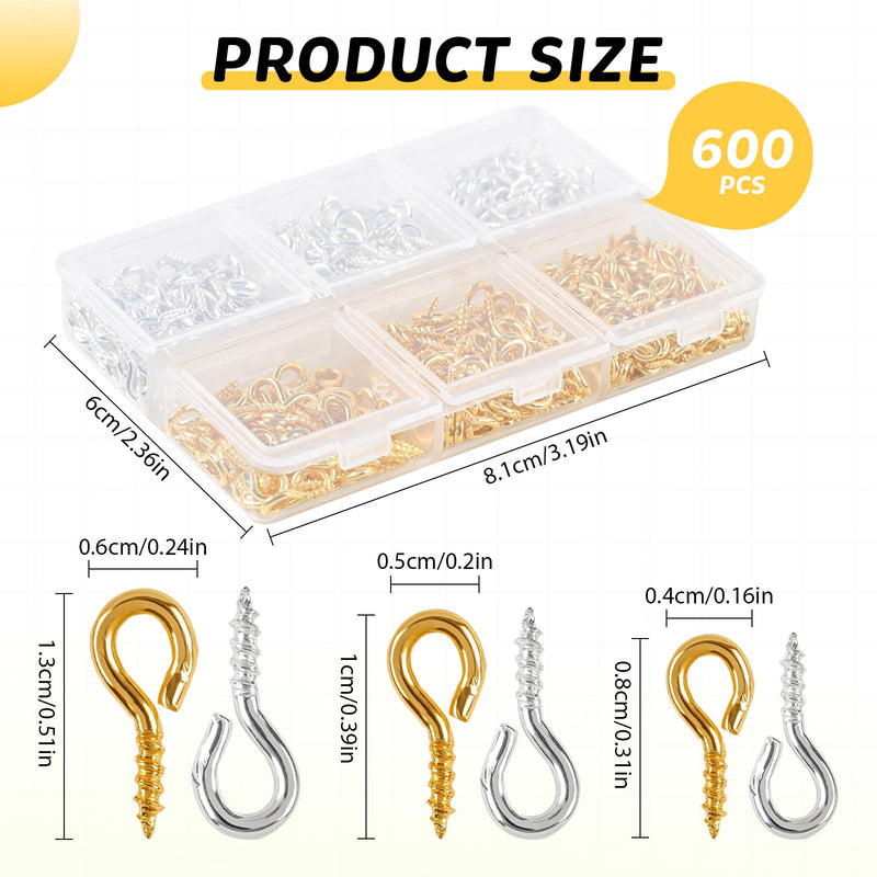[Australia - AusPower] - Eye Hooks Screw, 600Pcs Screw Eye Pins for Jewelry Making，Metal Self Tapping Small Eye Screws for Wood, Stainless Steel Screw Eyes for DIY Arts & Crafts, Heavy Duty Mini Eyelet Screws (Silver & Gold) 