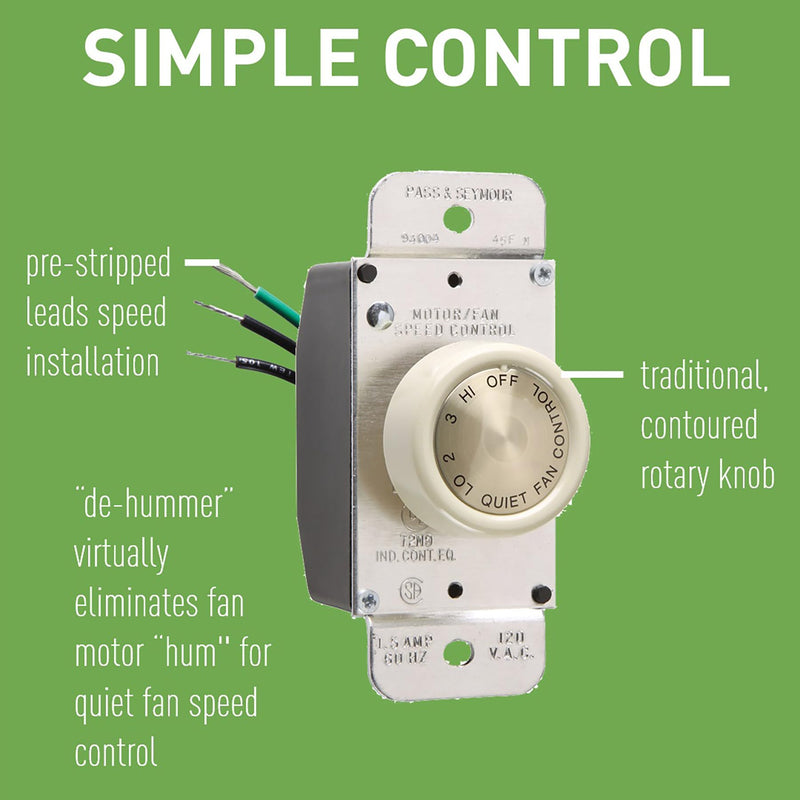 Legrand Pass & Seymour 94004I 1.5A 4-Speed Rotary Fan Control, Single Pole, De-Hummer, Ivory (1 Count)