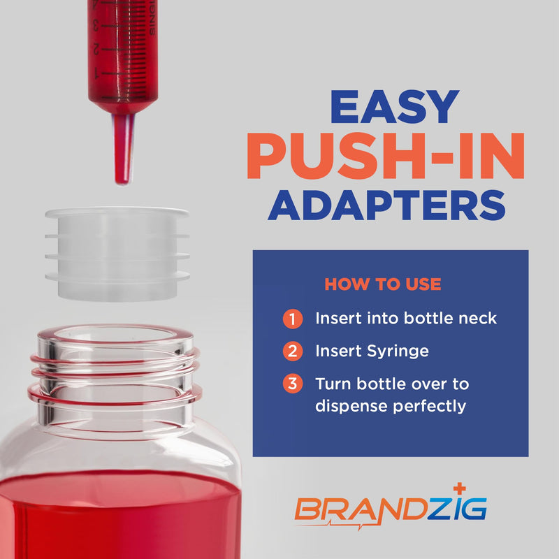 [Australia - AusPower] - Medicine Bottle Syringe Adapter For Oral Dispensers | Size Large, 50 Pack | Press In Bottle Adapter for Liquid Medication | Only Fits Brandzig 1ml, 3ml, 5ml & 10ml Syringes 