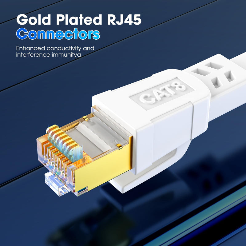 Cat 8 Ethernet Cable 100 ft, Heavy Duty High Speed Cat8 LAN Network Cable, 40Gbps 2000MHz RJ45 Flat Internet Computer Patch Cord, Weatherproof S/FTP UV Resistant for Gaming/Router/Modem,Outdoor&Indoor White 100ft