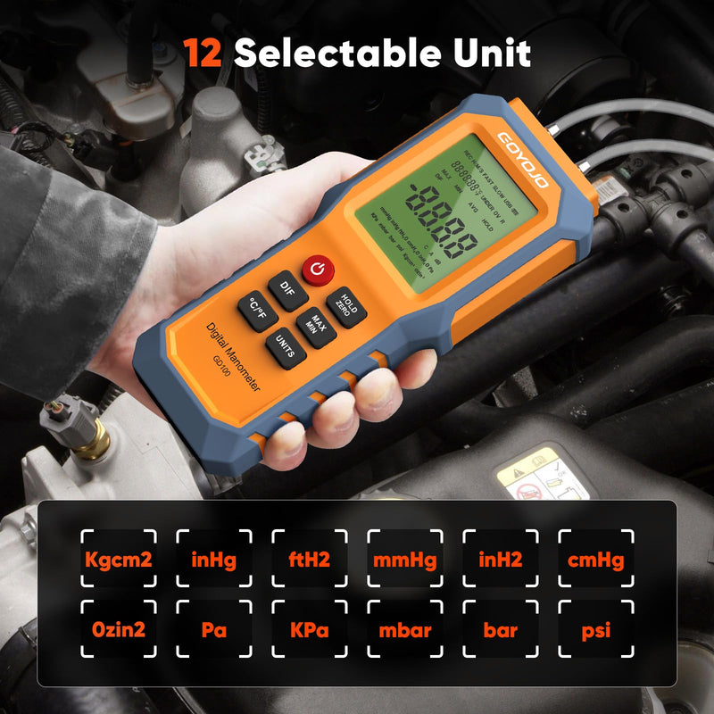 [Australia - AusPower] - Handheld Manometer with Backlit, Dual-Port HVAC Digital Manometer Gas Pressure Tester, LCD Screen & Indoor Temperature Measurement, 12 Units, for Natural Gas Pipelines Ventilation Detection 