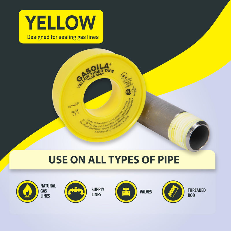 Gasoila Yellow PTFE Thread Seal Tape – Professional-Grade, 1/2 Inch x 260 Inch, High-Density Thread Tape for Gas Lines– Leak-Proof Seal, Non-Toxic 1/2 Inch x 260 Inch Roll- 1 Pack