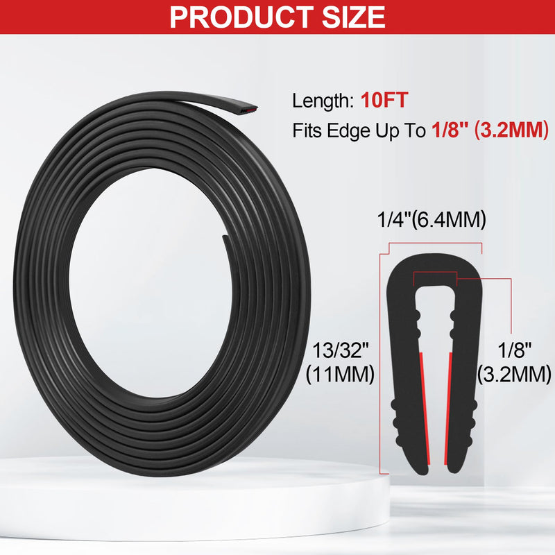 ToLanbbt Rubber Edge Trim U Channel - 1/8" Self Adhesive Sheet Metal Edge Guard Protector, EPDM Seal Strip for Car Doors, Steel Plates, Glass, Hatches, Table Corners, Fit 1/8"(3.2mm), 10Ft, Black 1/8" x 10'L