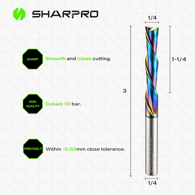 1/4 Downcut Router Bit 1/4 Shank, Spiral CNC Router Bits with Coating, Down Cut Carbide End Mills for Woodcraft, Engraving, Mortising, Acrylic and Aluminum,1-1/4" CL,3" OVL 1/4" Dia - 1-1/4" CL - 1/4" Shank(downcut)