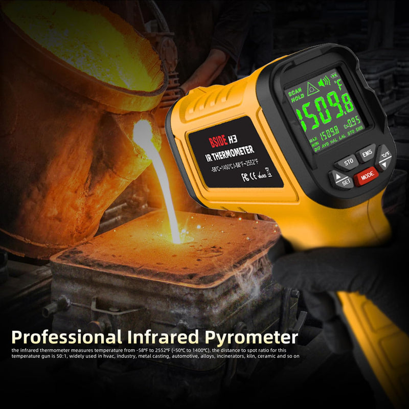 [Australia - AusPower] - BSIDE High Temp Infrared Thermometer Gun -58℉~2552℉(-50℃~1400℃), D:S=50:1, High Temperature IR Laser Pyrometer Non-Contact Color LCD Thermometer for HVAC Furnace Industry Forge Casting Metallurgy H3 (-58℉~2552℉) 