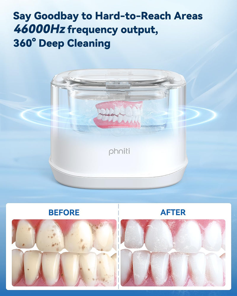 [Australia - AusPower] - Ultrasonic Jewelry Cleaner, Phniti 46kHz Professional Portable Ultrasonic Retainer Cleaner Machine with Timer for Dental Retainer, Mouth Guard, Watch, Ring, Diamond - Household Use, White 1 PACK 