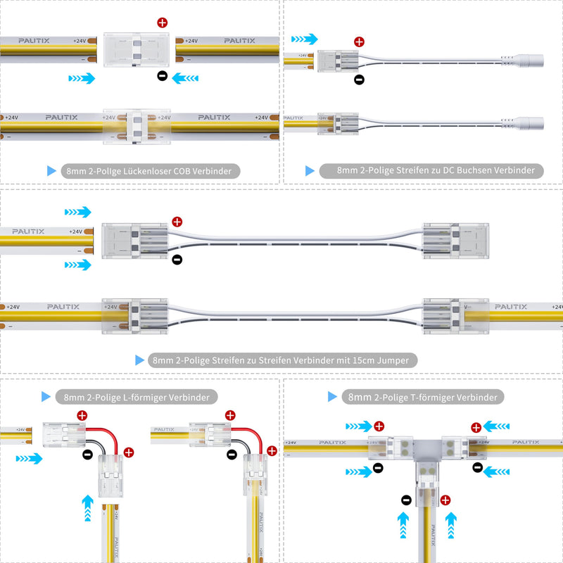 COB LED Strip Connector Set for 8 mm Wide COB Strips 2 Pin, 4 Pieces Transparent Centre Connectors, 2 Pieces L-Shape, 1 Piece T-Shape and 4 Pieces Dual-End Extension Wires 15 cm with 1 Piece DC 8mm connector Upgraded