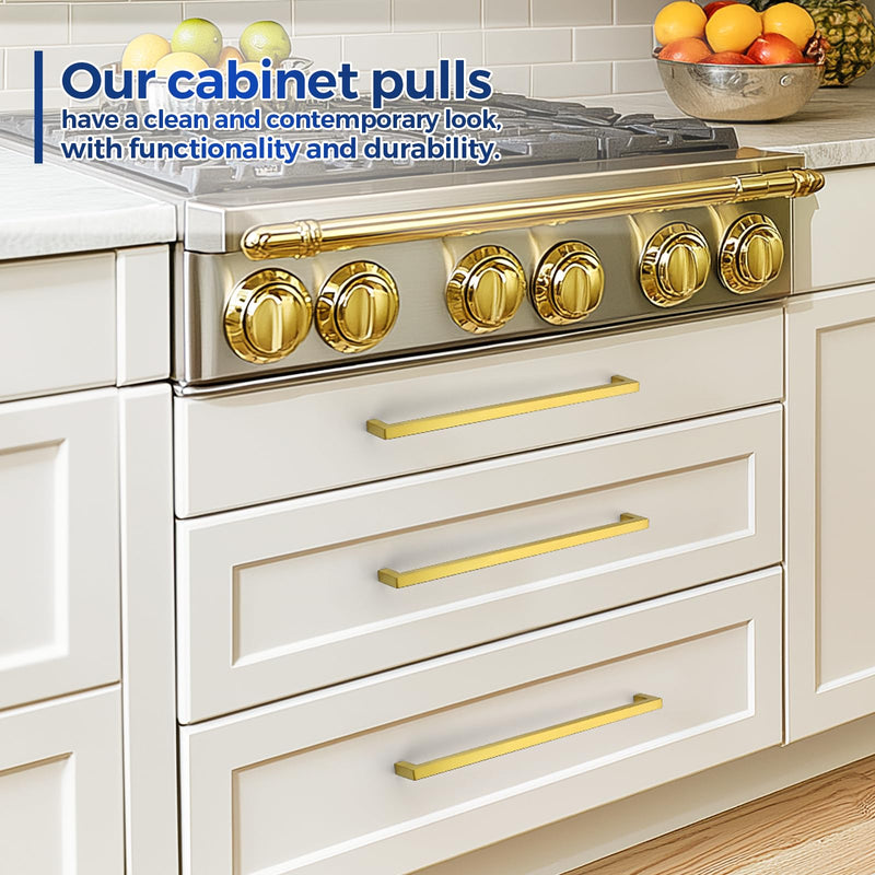 JOY DECOR 5 Pack Cabinet Handles, Gold Cabinet Pulls, 12-3/5 Inch Kitchen Handles Square Drawer Pulls Stainless Steel Drawer Hardware Handles, 320mm Hole Centers 12-3/5 Inch Hole Center