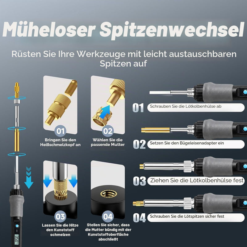 880 Piece Threaded Inserts Soldering Tips Set with Screws, M2/M3/M4/M5/M6 Thread Inserts, Adjustable Temperature Soldering Iron 180-500°C with Pins and Holder, Soldering Tips & Soldering Tip Adapter | 5stk Lötspitzen, Soldering Tip Adapter, LCD Einstel...