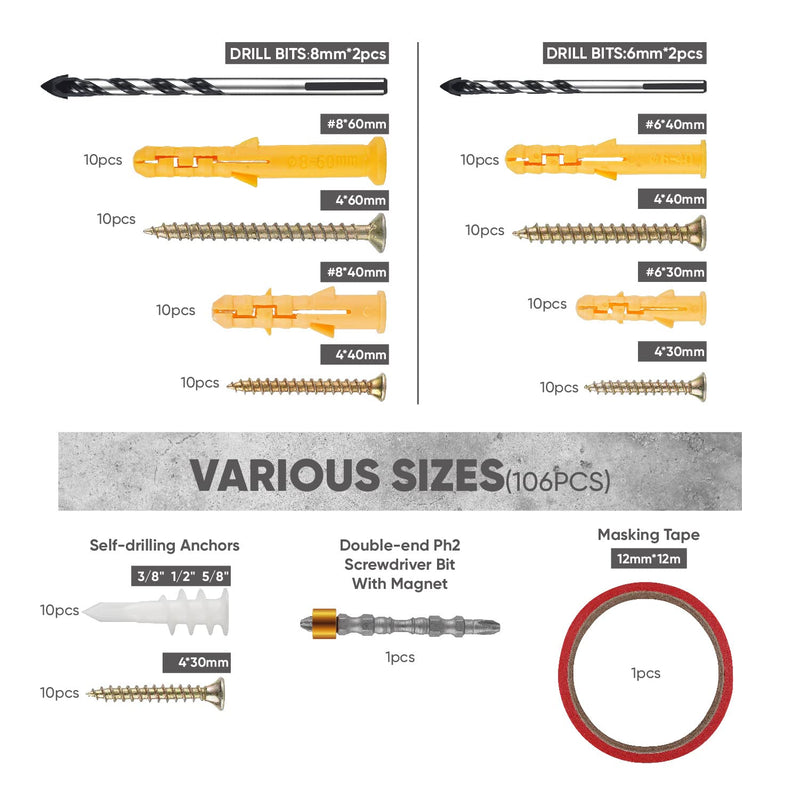[Australia - AusPower] - amoolo 106pcs Concrete Anchors and Screws Assortment Kit, for Drywall, Concrete Wall, Tile, Ceramic, Brick, Cinder Block, Etc. with a Magnetic Screwdriver Bit and Masking Tape. Anchors Installation Kit 106pcs 