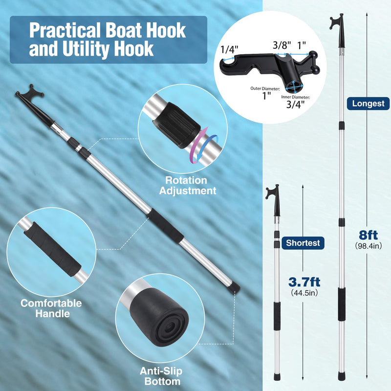 Boat Hooks for Docking,Telescoping Boat Hook with Utility Hook, Christmas Light Pole Hanger Tool,Anodized Aluminum Pole | Threaded End for Boating Accessories 3ft 8ft 12ft Silver - 8ft