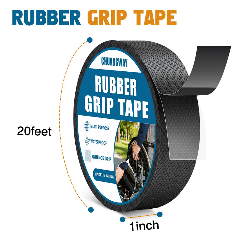 Black Rubber Grip Tape 1 Inch x 20 Ft Non-Abrasive Anti-Slip Tape for Handrails Strong Adhesive Waterproof Heat Resistant Handlebar Wrap Cushion Grip for Tools Stairs Bicycle Handle (1inch X 20ft) 1inch X 20ft