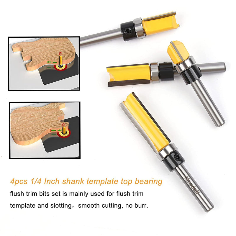[Australia - AusPower] - Pattern Flush Trim Router Bit Set, Newdeli Straight Cut Router Bit with a Bearing Prevent Tear-Out, Template Guide Woodworking Milling Cutter Tool Pattern Flush Trim Router Bit Set 