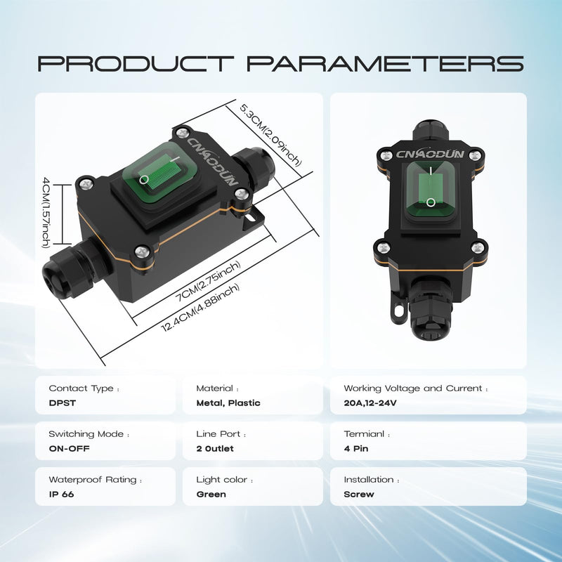 [Australia - AusPower] - Waterproof Inline Cord Switch, CNAODUN 12V DC 20A On Off Toggle Switch with Green Light Rocker Button DPST Double Outlet Outdoor IP66 DC 12-24V A-Green 