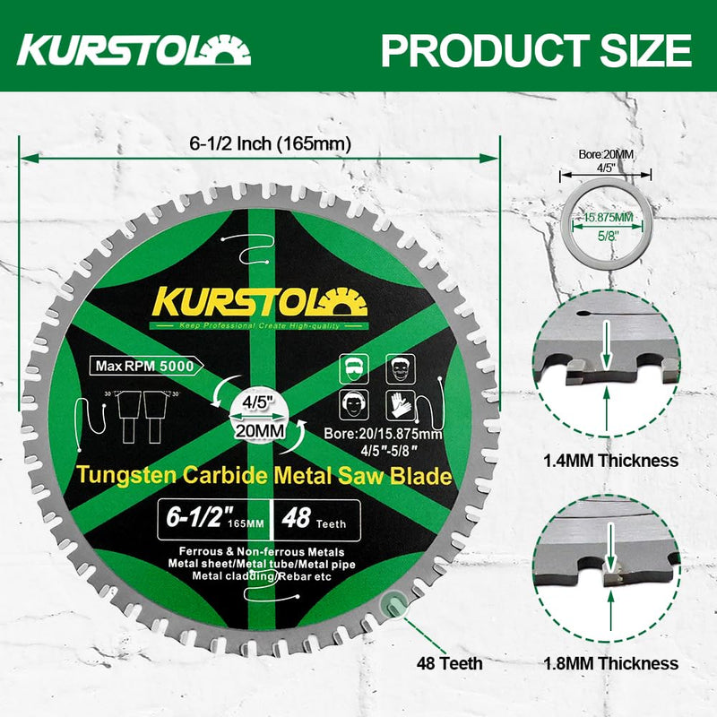 [Australia - AusPower] - KURSTOL Circular Saw Blade for Metal - 165 x 20 x 15.875 mm 48 Teeth Carbide Circular Saw Blade for Iron, Ferrous and Non-ferrous Metals, Iron Pipes, Rebar Steel 165mm 1 