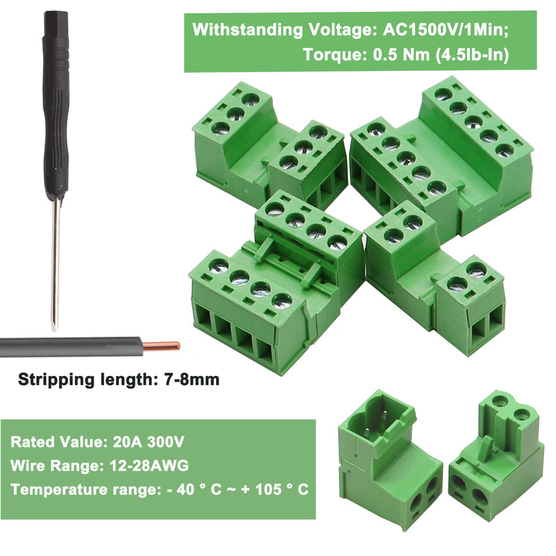 [Australia - AusPower] - Tnisesm 21Pcs Screw Terminal Block Connector Kit 5.08mm Pitch Pluggable (2Pin 3Pin 4Pin 5Pin) 300V 15A for 28-12AWG Cable 