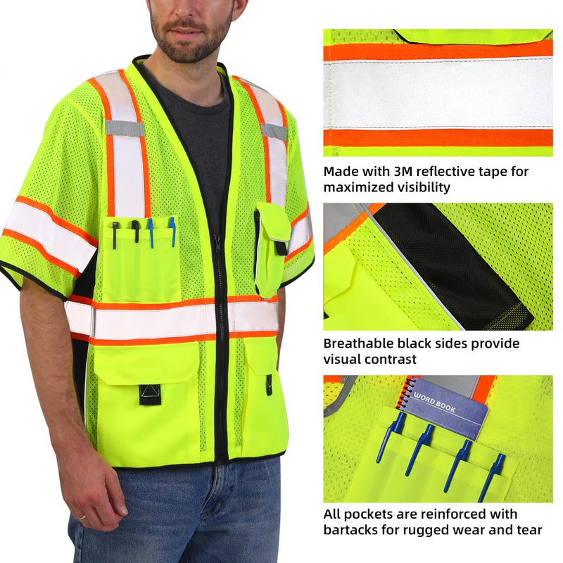 Dib Safety Reflective Mesh Vest ANSI Class 3, High Visibility with Pockets and Zipper, Made with 3M Reflective Tape, Yellow XL X-Large Yellow / Class 3