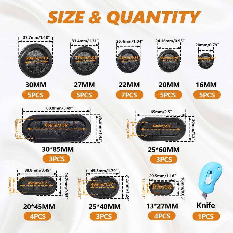 mankk 45PCS Rubber Grommet Kit 10 Size Oval and Round Double Sided Rubber Hole Plug Firewall Hole Plug with Retractable Box Knife for Protecting Cable Wire M-119-45PCS 10 Sizes