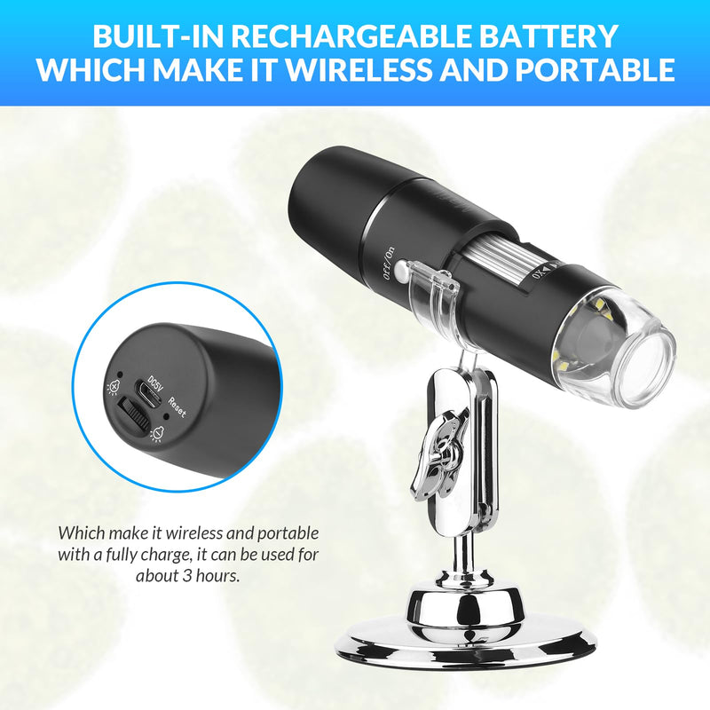 [Australia - AusPower] - Handheld Digital Microscope Wireless Portable for Kids Adults 50x-1000x Magnification with 360 Rotate Stand Compatible with iOS/Android iPhone, iPad 