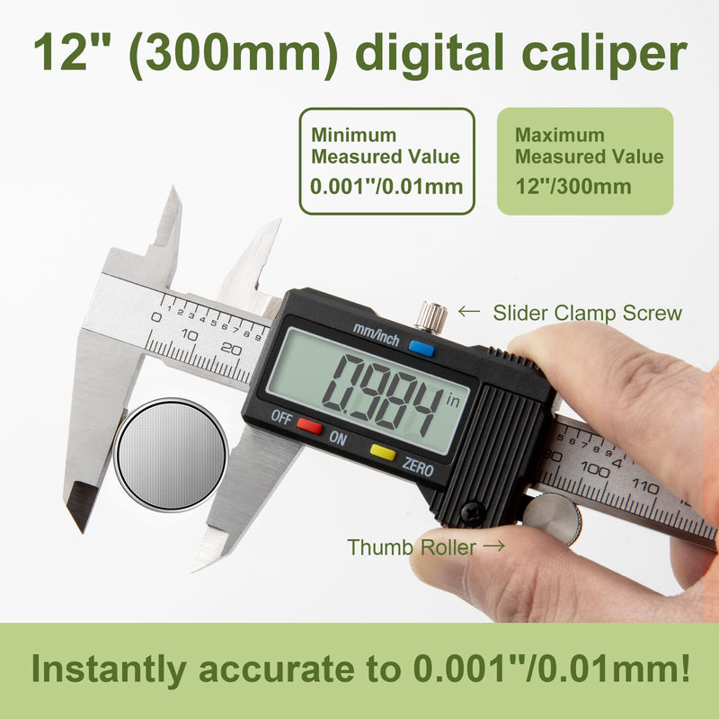 [Australia - AusPower] - Digital Caliper 0-12" Measuring Tool with Metal Ruler, Micrometer Caliper with Auto-Off Feature, Interchangeable Between inches and millimeters for DIY/Household and 3D Printing, Black 12" Metal ruler Black 