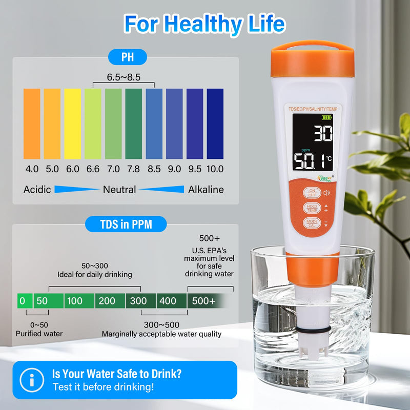 hygger Pool Salt Tester & PH Meter, 5-in-1 Digital Pool Water Tester, High Accuracy Salinity PH Temp EC and TDS Saltwater Pool Test Kit for Aquarium Swimming Pool Hot Tub and Swim Spas
