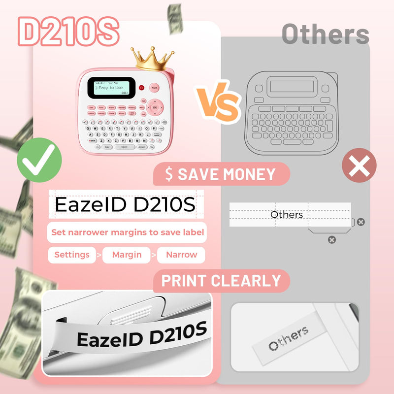Pink Label Maker Machine with-Tape Waterproof, Portable Kids Label Maker, Keyboard Labeler Handheld, D210S Easy Labeler Machine with Multiple Fonts Frame Barcode for Home Office School Supplies Pink Label Maker label maker with 1 tape
