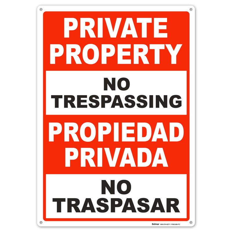 Brimar - 10" x 14" - Bilingual Private Property No Trespassing Sign - .040″ Rust-Free Aluminum - Bold Text And Symbol - Easy Installation, Red 10"x14" (Pack of 1)