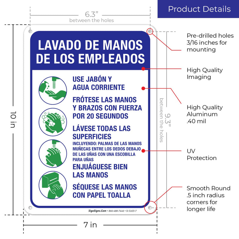 Hand Washing Sign Spanish, 10x7 Inches, Handwashing Instruction Sign, Rust Free 0.40 Aluminum, Fade Resistant, Easy Mounting, Indoor/Outdoor Use, Made in USA