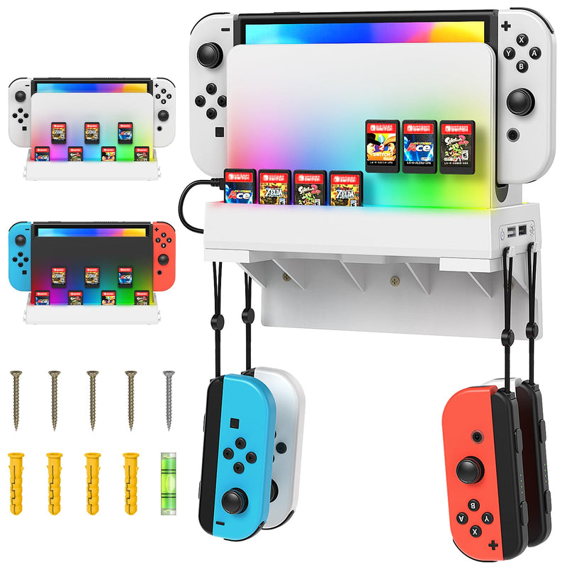 [Australia - AusPower] - YUANHOT Switch Wall Mount for Nintendo Switch and Switch OLED,Games Console Wall Shelf with RGB Light,Station Stand Holder for Charging Dock,7 Game Card,4 Controller Joy Con Accessories Kit Storage White 