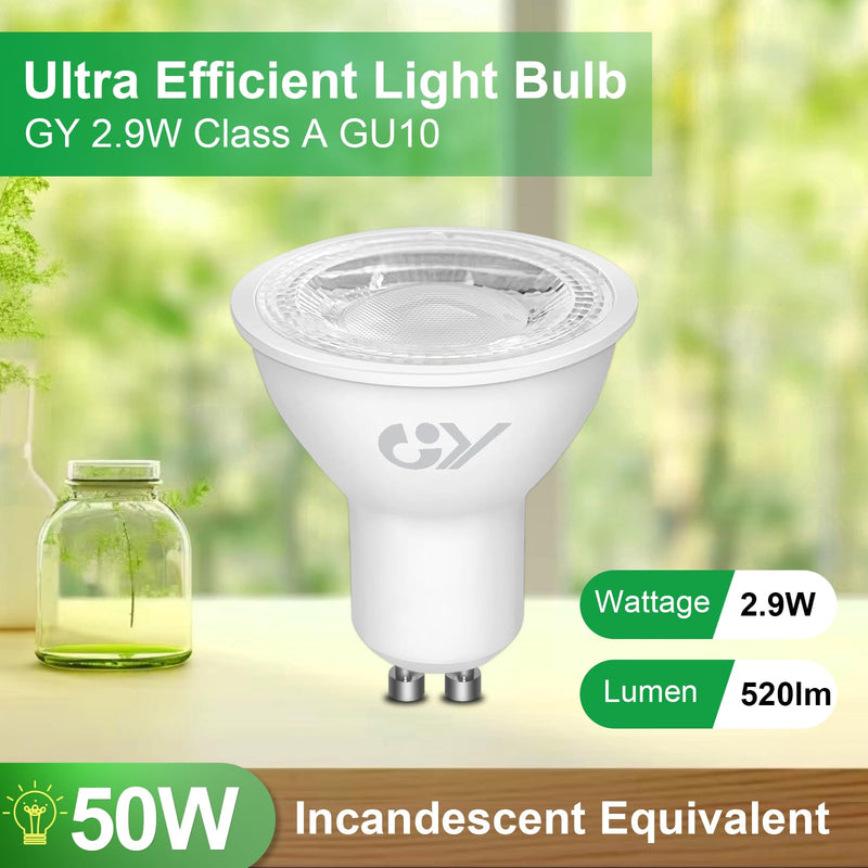 GY GU10 LED Warm White Bulb 2.9 W 520 Lumen 3000 K Warm White Bulbs, 50 W Lamp Replaced, Beam Angle 110° Bulb, Not Dimmable Energy Saving Bulb, Pack of 10 10 pcs