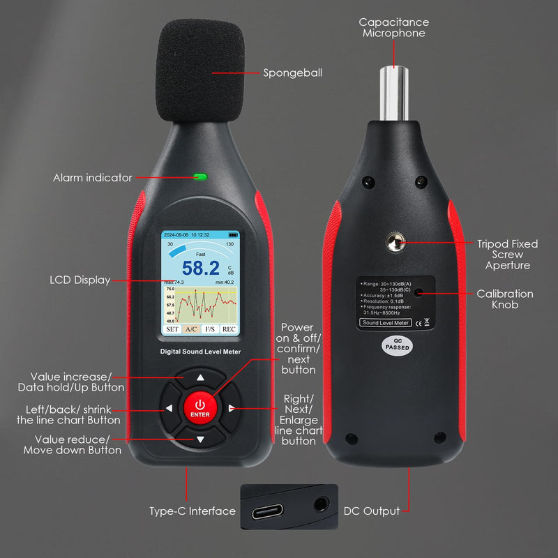 [Australia - AusPower] - Decibel Meter, Data Logger, Digital Sound Decibel Meter, Sound Level Meter with 43,000 Records and Export, Rechargeable Noise Meter with A/C Frequency and DC Output with Alarm 