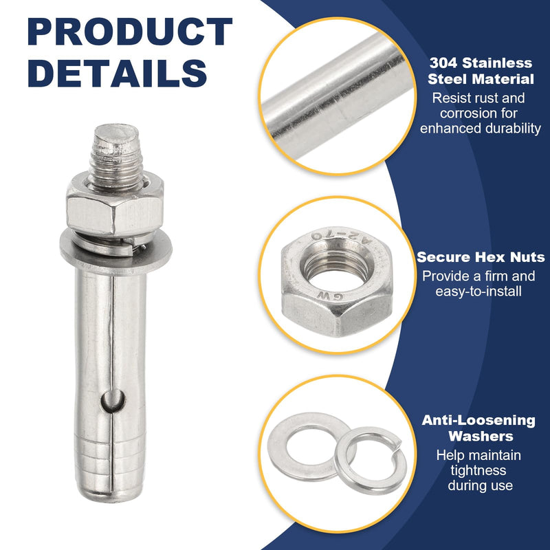 [Australia - AusPower] - PATIKIL M10 x 80mm 304 Stainless Steel Expansion Bolts, 4 Pcs External Hex Expansion Screw Bolt Sleeve Lengthened for Concrete Drywall Construction Projects, Silver 