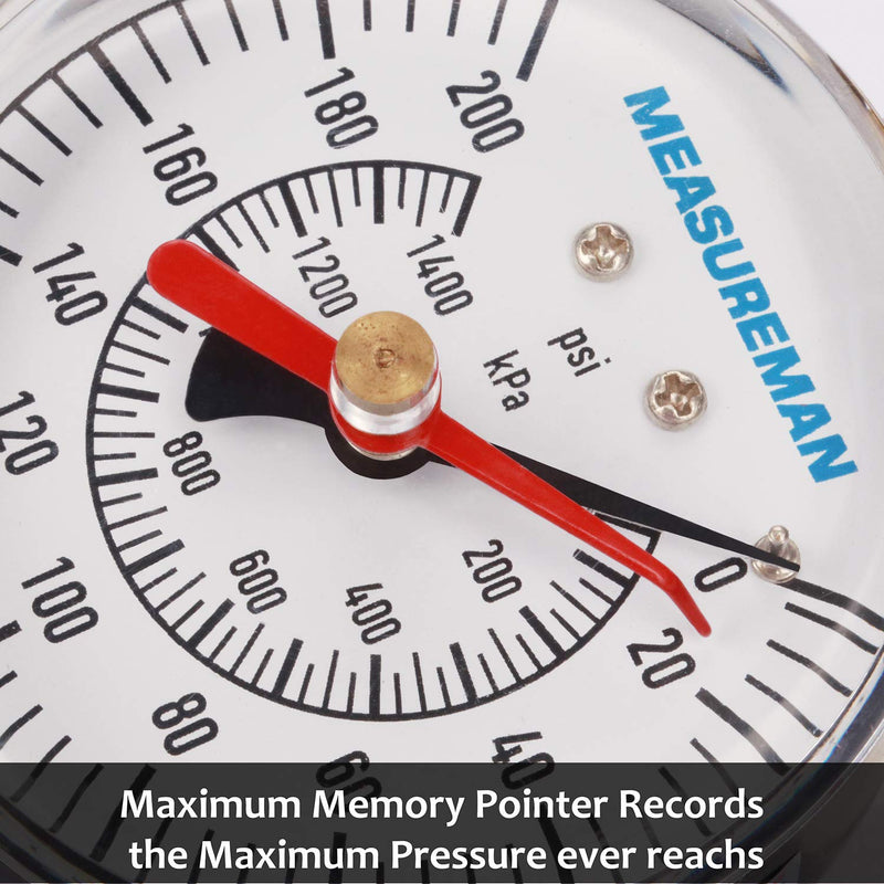 [Australia - AusPower] - MEASUREMAN 2-1/2" Water Pressure Test Gauge, 3/4" Female Hose Thread, 0-200 psi/kpa with Maximum Pressure Memory 2-1/2" Dial 