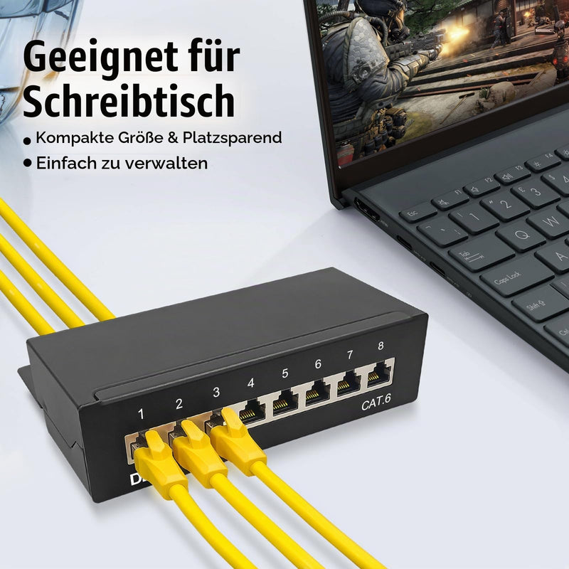 CAT6 Patch Panel 8 Port Distribution Panel Desktop & Wall Mounted Shielded 8x RJ45 Socket LSA Distribution Panel for Gigabit Network Switch 8 Port CAT6 Patch Panel