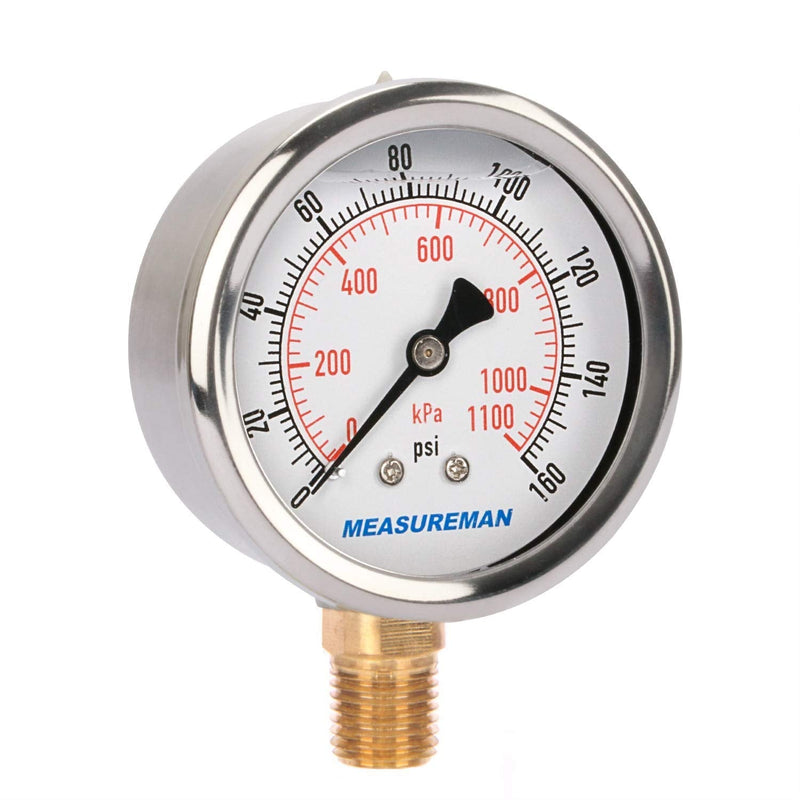[Australia - AusPower] - MEASUREMAN 2-1/2" Dial Size, Glycerin Filled Pressure Gauge, 0-160psi/kpa, 304 Stainless Steel Case, 1/4" NPT Lower Mount 2 Pack 0-160 psi / 2PCS 