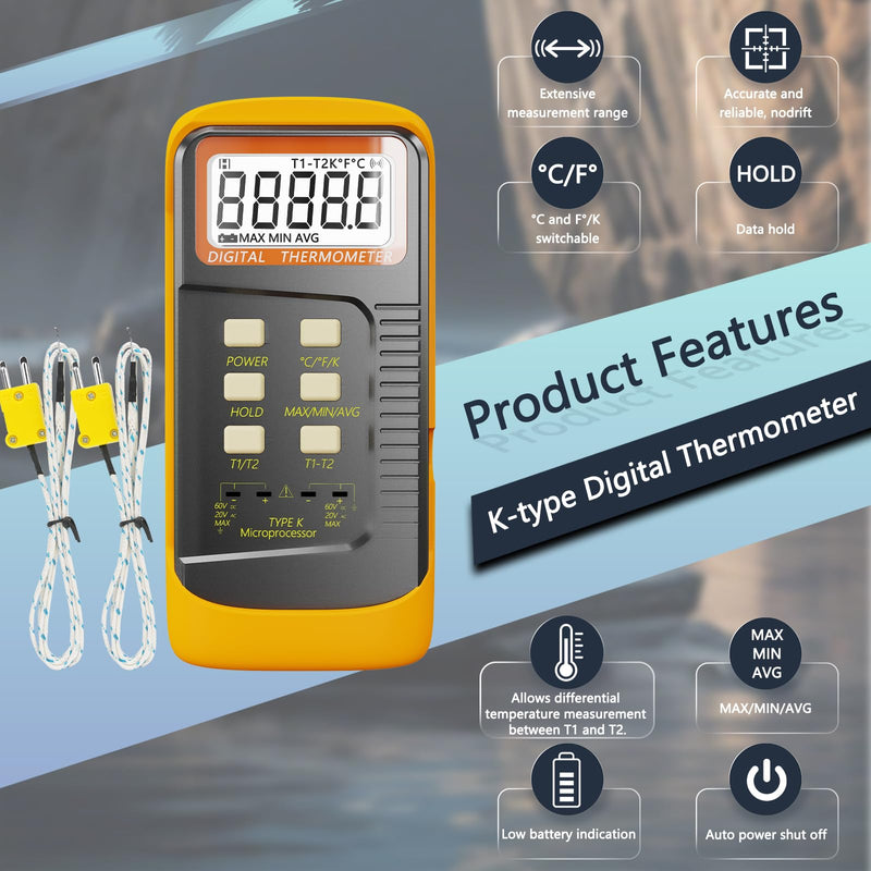 [Australia - AusPower] - Handheld Thermocouple Thermometer, 2 Channels K Type Thermocouple Probe and 4 Thermocouples, Measuring Range -50 to 1370°C(-58 to 2498°F), Contains 4 Thermocouple Probes 6802-04 