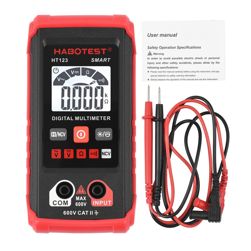 [Australia - AusPower] - True RMS Multimeter 2,000 Counts HABOTEST HT123 Digital Multimeter Auto Multi-Meter 2,000 Counts True RMS Measuring ACDC Voltage Resistance NCV Test with LCD Backlight Flashlight Data Hold 