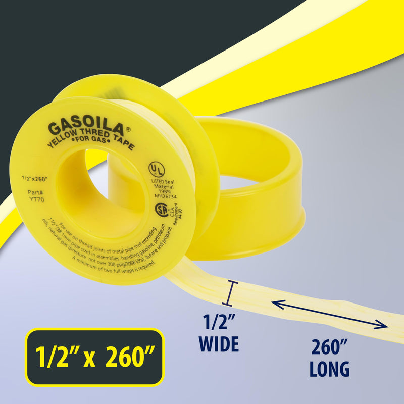 Gasoila Yellow PTFE Thread Seal Tape – Professional-Grade, 1/2 Inch x 260 Inch, High-Density Thread Tape for Gas Lines– Leak-Proof Seal, Non-Toxic 1/2 Inch x 260 Inch Roll- 1 Pack