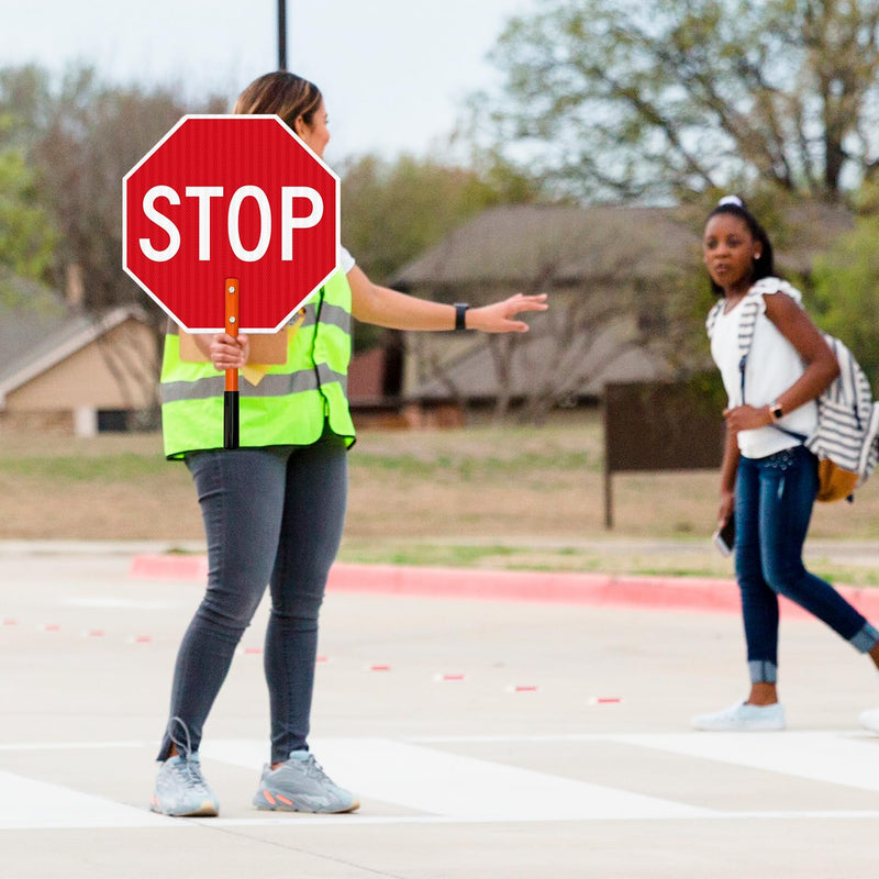 Handheld Stop Crosswalk Warning Double Sided Sign, 18x18 Inches, 3M EGP Reflective Aluminum, Fade Resistant, Made in USA by Sigo Signs 18x18 Reflective Aluminum Stop Small Post