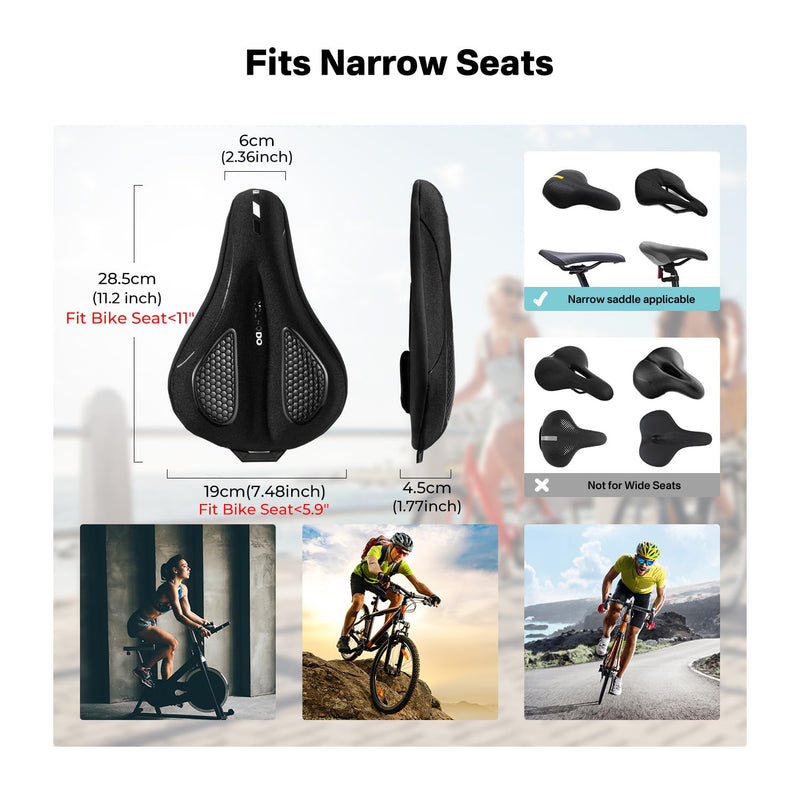 [Australia - AusPower] - YOUNGDO Bike Seat Cushion with Waterproof Cover, Gel Bicycle Seats Pad for Narrow Saddle, Shock Absorbing, Fit for Peloton, BMX, MTB & Road Black M-7.4"W×11.2"L/19cm×28.5cm 