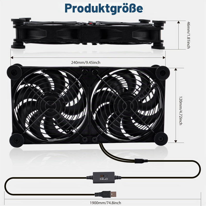 2 in 1 Quiet Dual Router Fan Cooler 120 mm with 3 Degree Speed Control (L/M/H), DC 5 V, USB Powered Cooling Case Fan for Router, Modem, Receiver, DVR, PlayStation, TV Box Dual 120mm