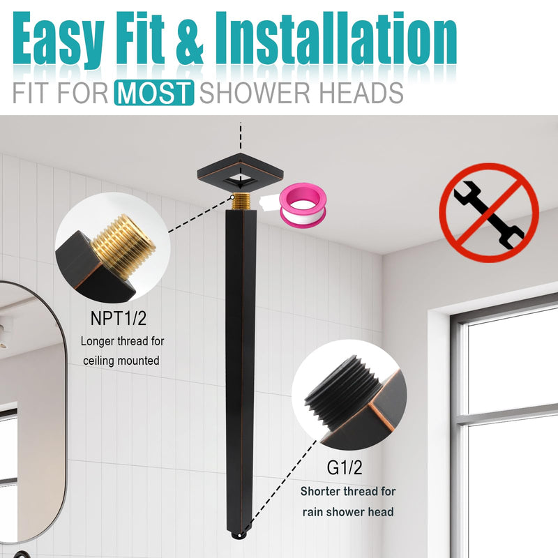 Oil Rubbed Bronze Shower Arm with Flange and Teflon Tape for High Ceiling Fixed Rain Showerhead, Universal Connection 16-inch Square Straight Shower Head Extender Extension Pipe, 304 Stainless Steel 16inch Oil Rubbed Bronze