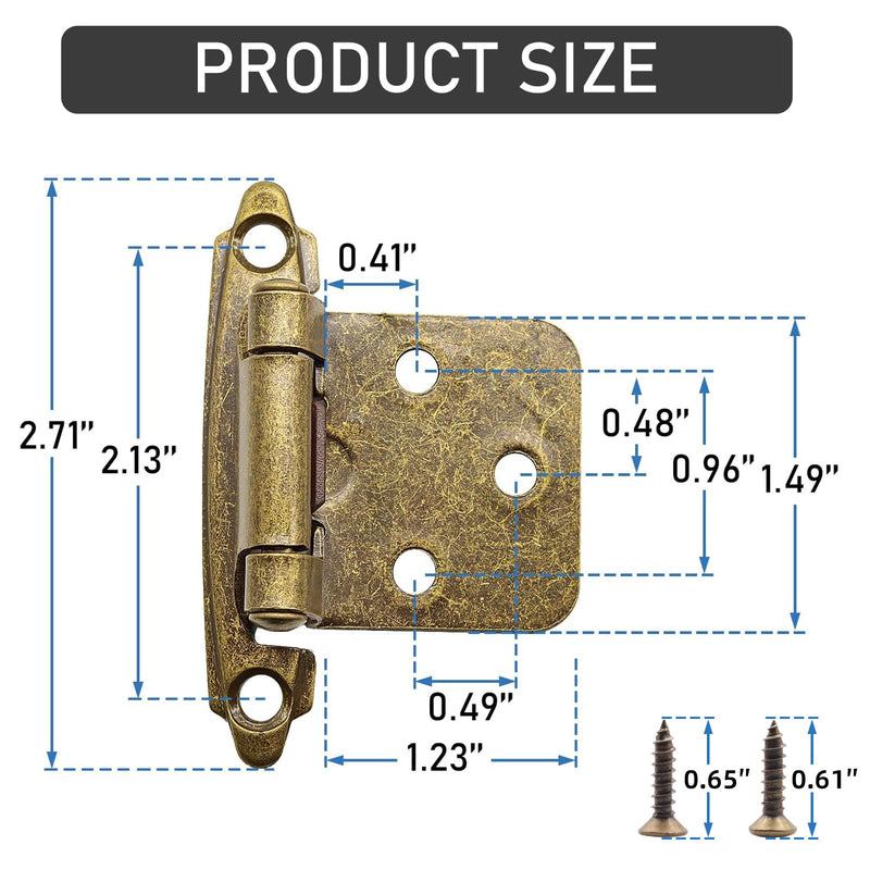 1/2" Overlay Kitchen Cabinet Door Hinges Antique Brass, 6 Pack (3 Pairs) Self Closing Cabinet Hardware Hinges for Face Frame Kitchen Cabinet Doors 6 Pack (3 Pairs)