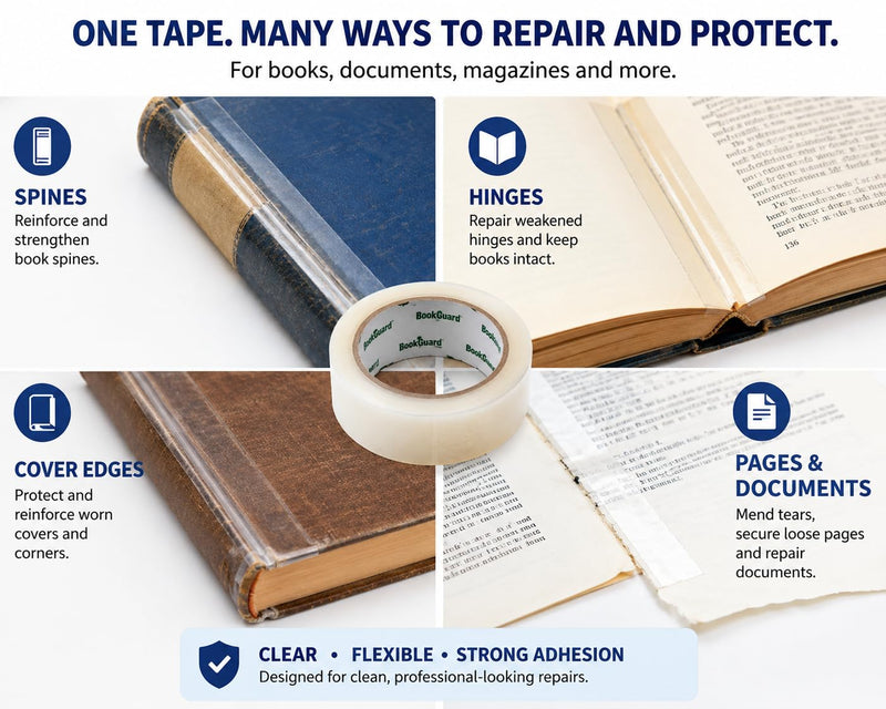 BookGuard Clear Book Repair Tape, Book Binding Tape 1 Inch x 15 Yards, Ultra Clear Low-Glare Flexible Polyethylene Library Tape for Spine, Hinge, Cover & Page Repair 1" Wide, 15 Yards Pack of 1