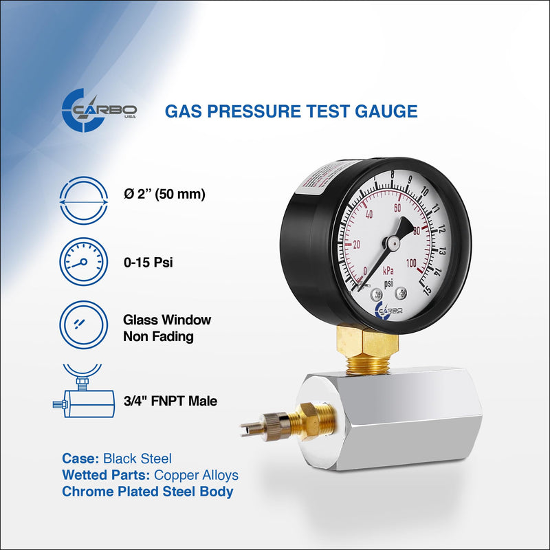 [Australia - AusPower] - Gas Test Pressure Gauge 15 Pound, 15 PSI / 100 kPa, 3/4” FNPT Connection, Brass Valve, Chrome Plated Steel Body Assembly. 0-15 psi 